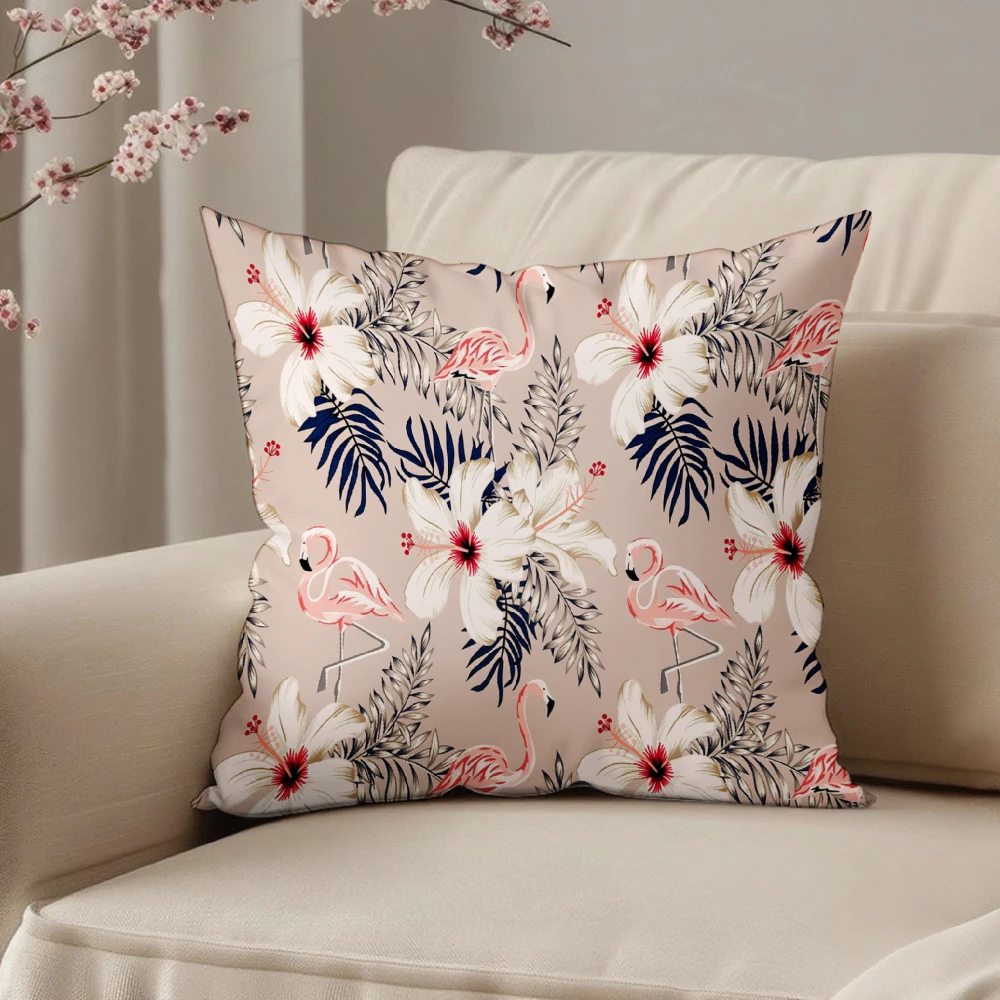 Square Throw Pillow Case Beige Tropical Flamingo And Hibiscus Flower Print Decorative Cushion Cover For Sofa Bedroom Living Room