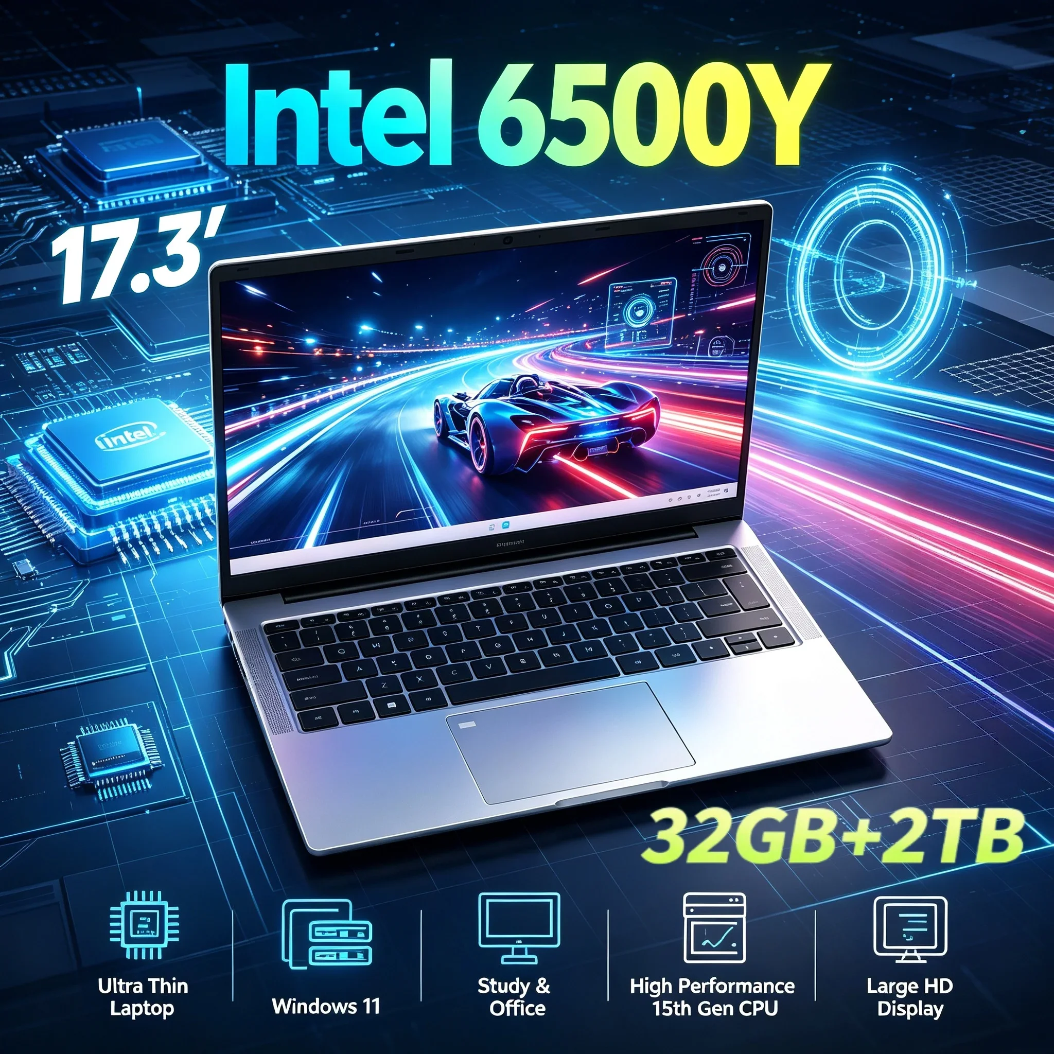 Intel 6500Y Notebook 17.3'' Large HD Display 32GB RAM 1TB 2TB SSD Windows11 WiFi 6 BT5.2 Portable Laptop For Household & Work