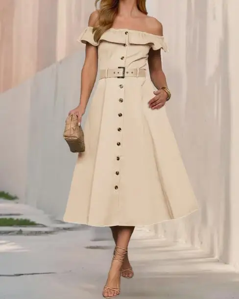 

2025 Women's Fashion Vintage High Waist Dresses Commuting Female Temperament Single-Breasted Slim Ruffled A-Line Dress with Belt