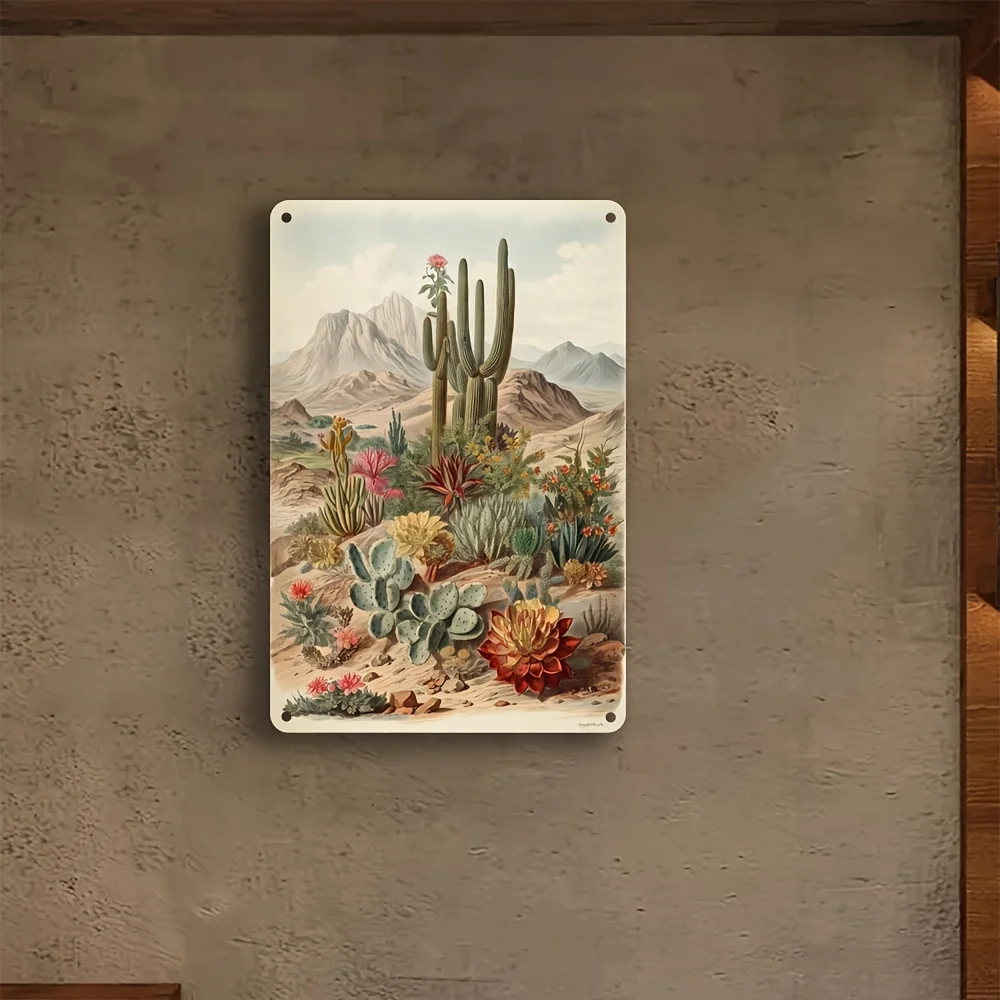 Tinplate Metal Tin Painting with Desert Cactus Landscape Vintage Wall Decoration Suitable for Bar Deck Waterproof Rust 8x12 Inch