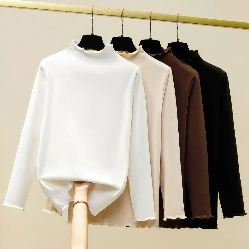 

Простые топы в корейском стиле, осень-зима 2022, водолазка с оборками, теплая футболка большого размера, женская однотонная повседневная мягкая футболка