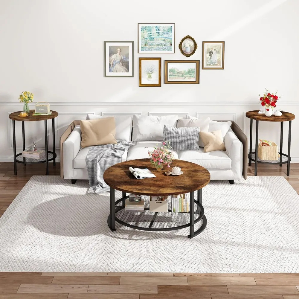 Modern 3-Piece Living Room Coffee and End Table Set with Round Design and Ample Storage
