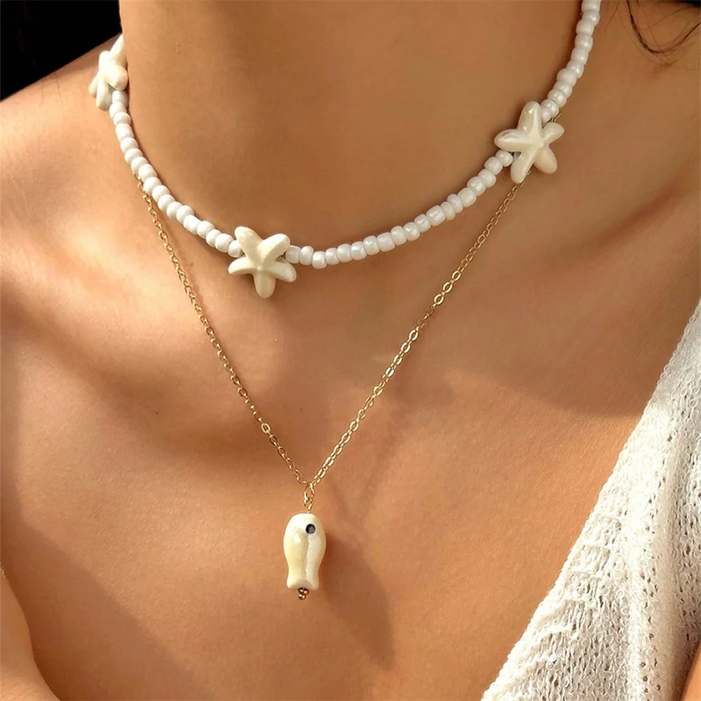 2pcs Beachy Fish & Starfish Pearl Layered Necklace, Suitable For Women's Vacation, Dating, And Gifts, Summer