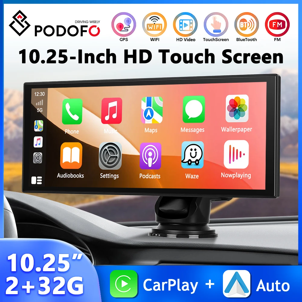 

Podofo 2+32G 10.25'' Car Monitor WIFI Android Smart Screen Player Carplay Android Auto Bluetooth Music FM Transmitter Car DVR
