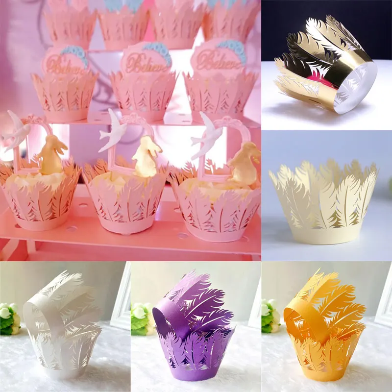 50pcs Laser Cut Hollow Feather Cupcake Wrapper Baking Paper Cup DIY Fondant Cake Muffin Cup Tray Wedding Birthday Party Decor