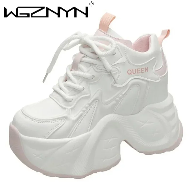 Zapatillas gruesas con tacones ocultos de 11CM para mujer, zapatos de plataforma alta con cordones transpirables, zapatillas antideslizantes con parte inferior gruesa para otoño 2025