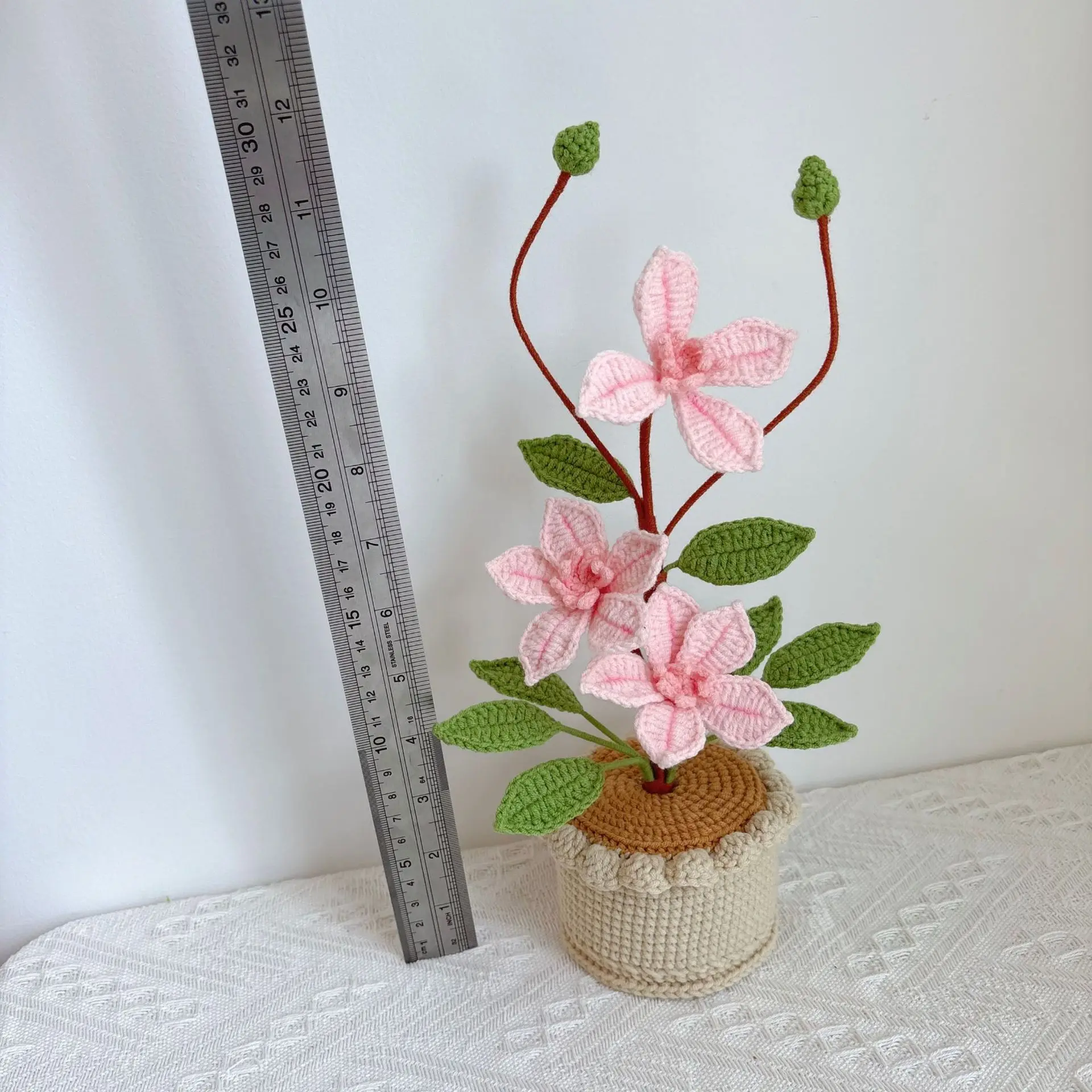 Fertig handgewebter Blumentopf, kreativer künstlicher Pflanzentopf, hübscher gestrickter Blumentopf, Dekoration für Schreibtisch und Bücherregal, Geschenk für Freunde – Detail 1
