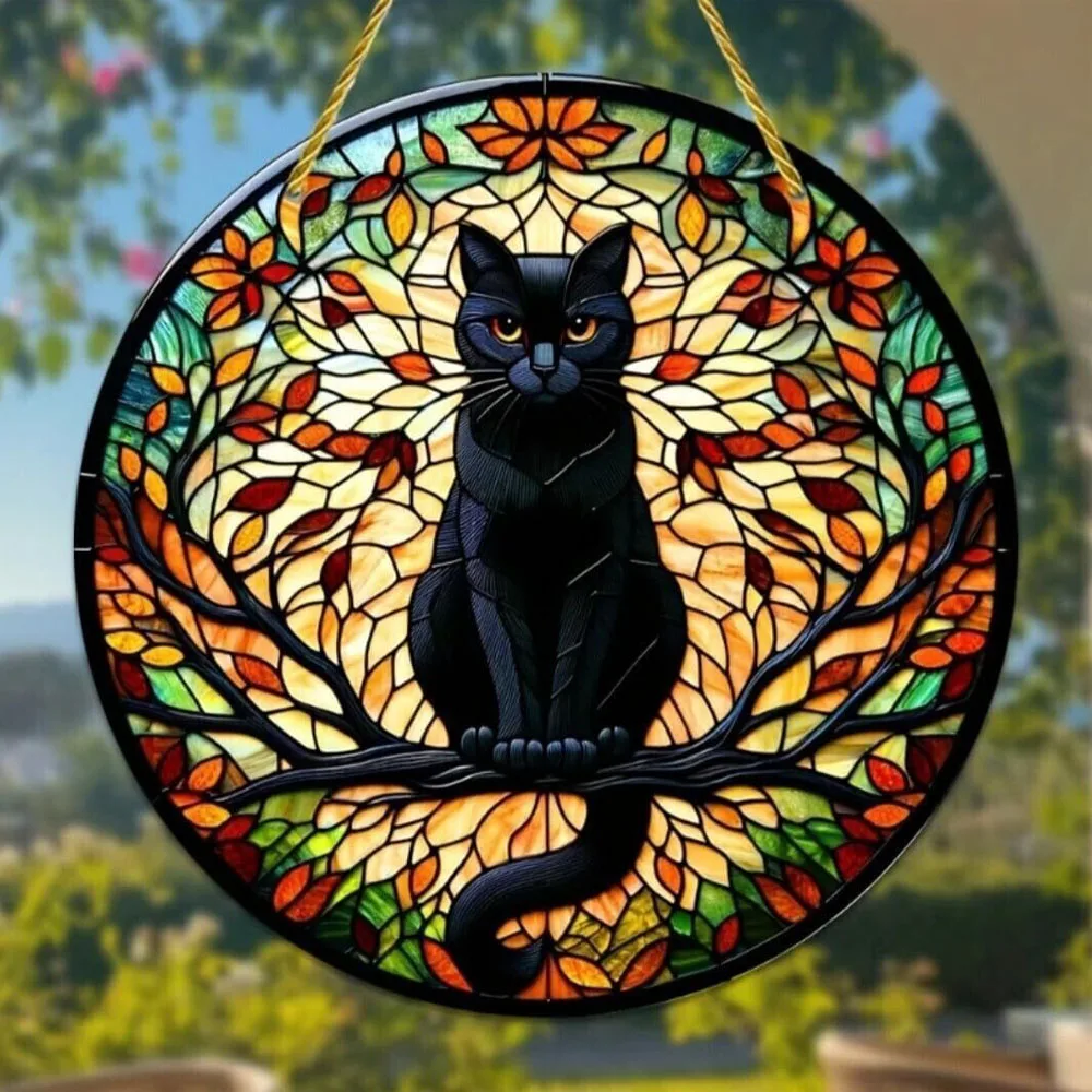 Black Cat In Moonlight Stained Window Hanging Sun Catcher Sunshade Cat Lover Sign Gift For Family Home Outdoor Indoor Yard Decor