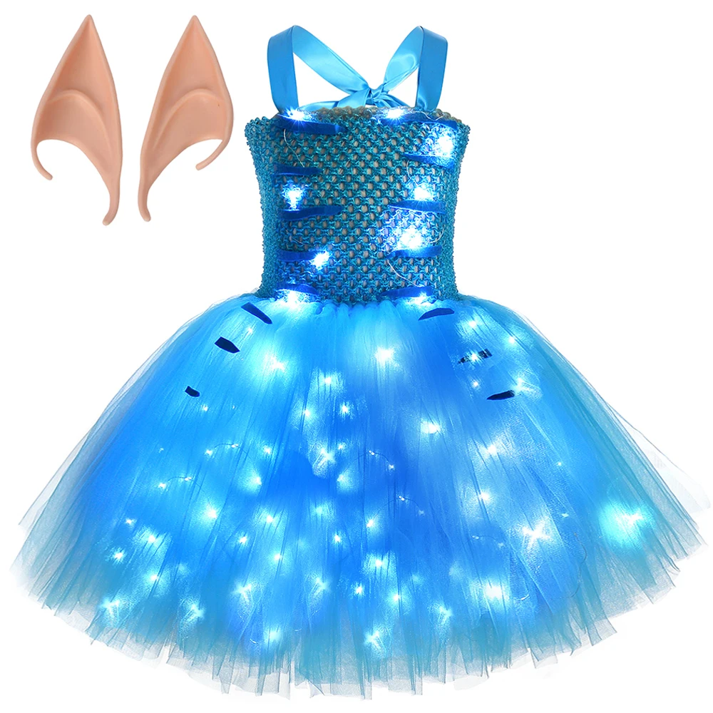 LED Lights Avatar Costumes for Girls Halloween Fairy Tutu Dress with Elf Ears Kids Christmas New Years Outfit Birthday Clothes