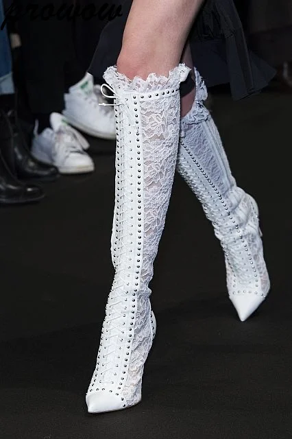 

Prowow/Новые сексуальные кружевные сапоги до колена в стиле металлического деко, зимняя обувь на шнуровке с острым носком, женская обувь Zapatos Mujer