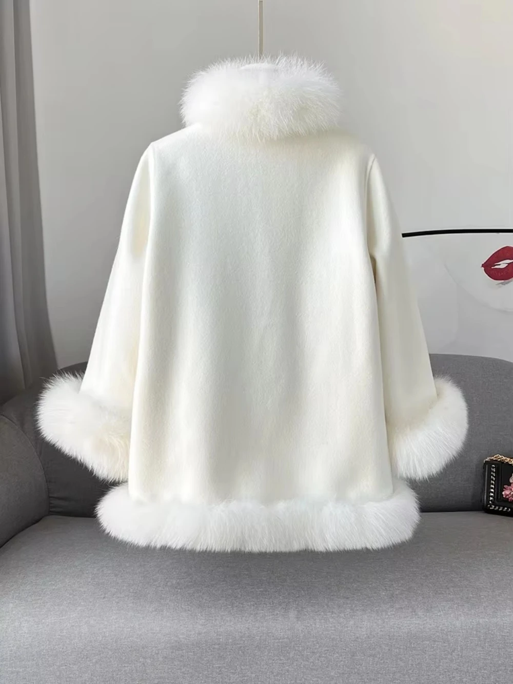 Real Fox Fur Collar Cloak Coat White Wool Coat Women Natural Fox Fur Jacket 2024 Warm Oversize Elegant Real Fur Coat