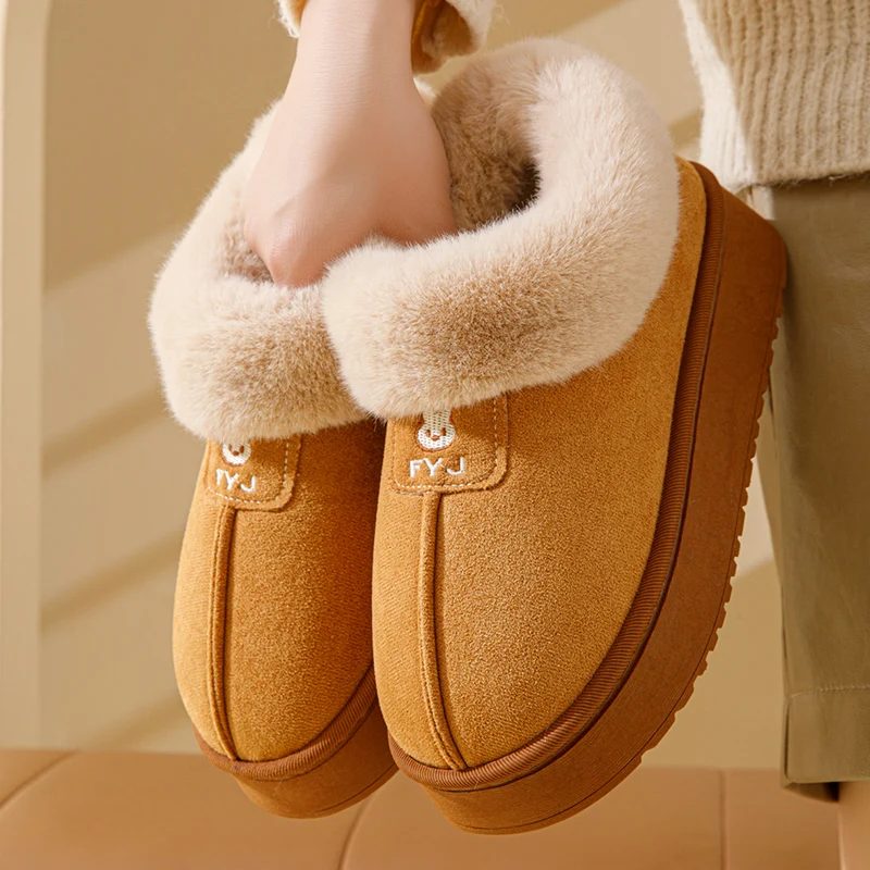 

Winter Women's Cozy Slipper Boots with Faux Fur Trim Embroidered Suede Platform Slippers for Indoor Outdoor Use