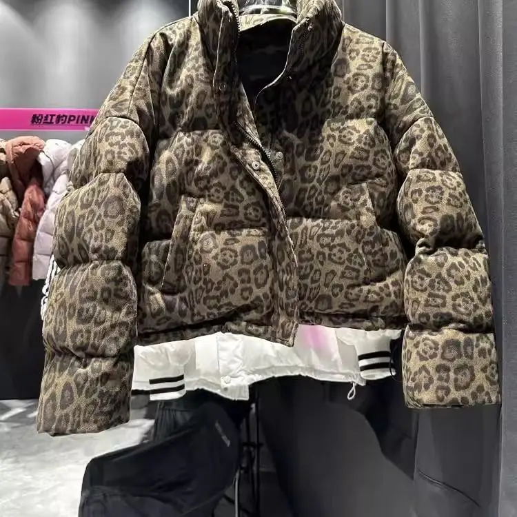 ​​2025 Winter Animal Print Quilted Puffer Jacket Women Stand Collar Slim Fit Cropped Elegant Stylish Warm Coat​​