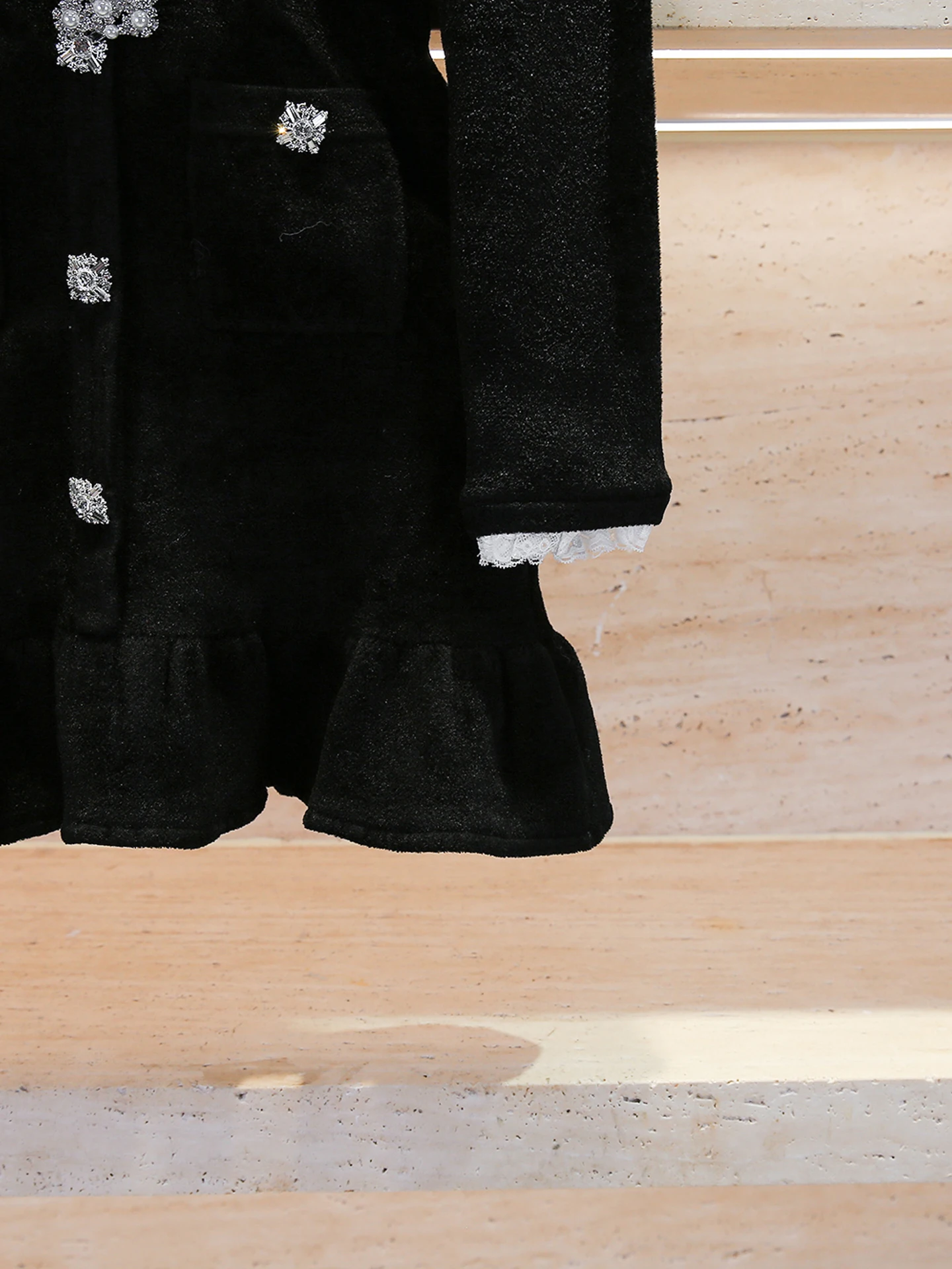 High-End Women's Lace Velvet Dr Autumn Season Ele Rich Girl Sle Button Closure Long Sve Stand Fit A-Line Skirt