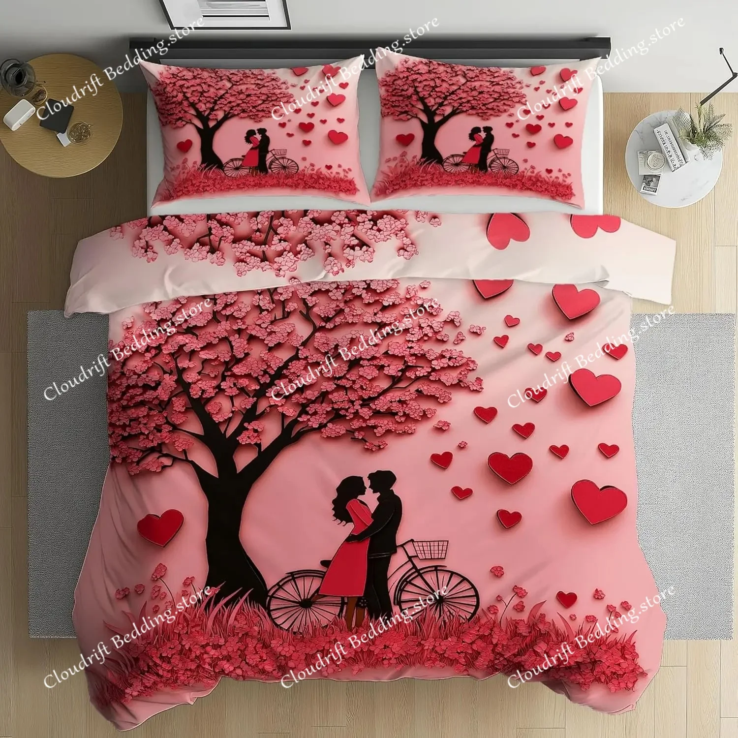 

Red Heart Bedding Set with Pillowcover,Romantic Couple Duvet Cover 3D Print ,Valentine's Day Decorative Comforter Cover