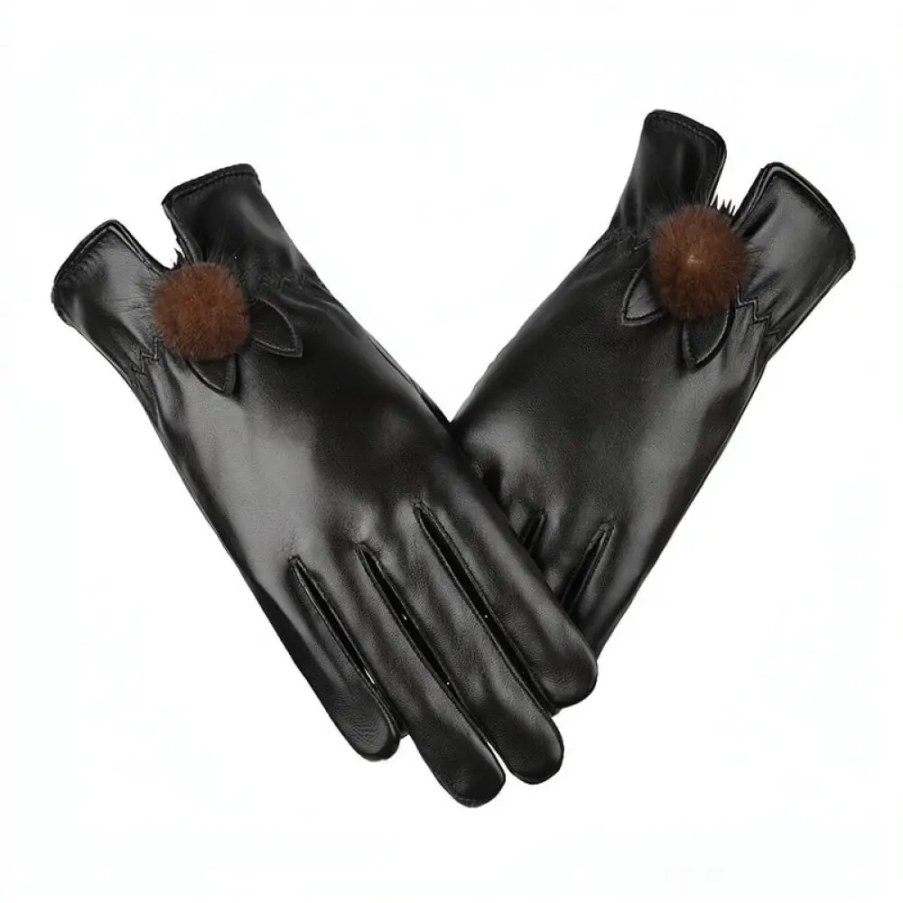 Winter Thermal Gloves For Women Touchscreen Pu Leather Mittens Warm Soft Lining Windproof Faux Fur Trim Outdoor Sports
