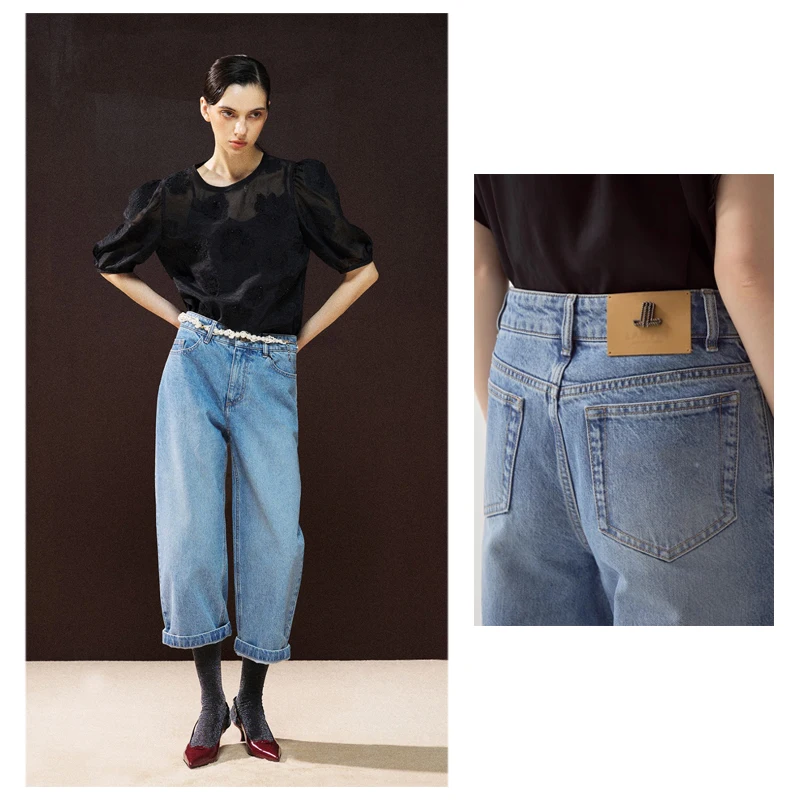 

Модные повседневные женские джинсы с высокой талией, свободного прямого кроя, с кожаной нашивкой, из хлопка, на молнии, длина 7/8