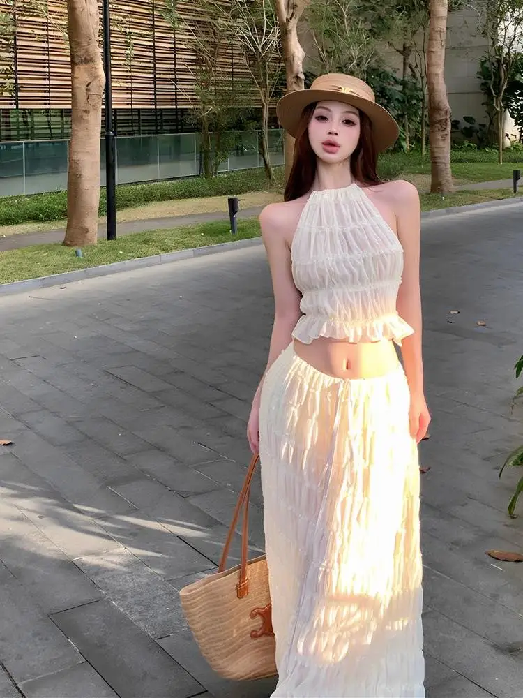 

Summer Vacation Style Matching Set Pure Desire Beautiful Back Short Hanging Neck Vest Women's Folded High Waist Half-length S...