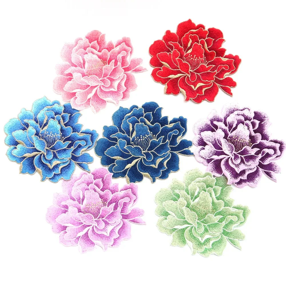 7color Peony embroidered Patches for Clothing sew on Embroidery backpack Clothing Applique iron on parches Decoration Badge