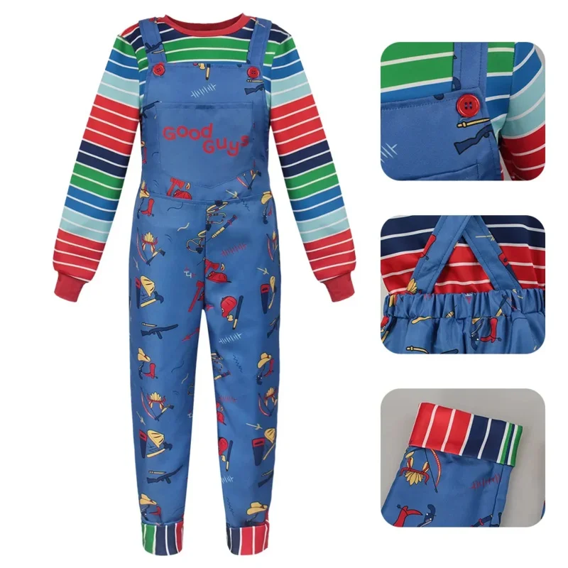 Chucky-Costume de Cosplay pour Adultes et Enfants, Tenues, Combinaison, Déguisement de Clown, Trempé, Haut d'Horreur, Pantalon Gril, ixd'Halloween et de Carnaval