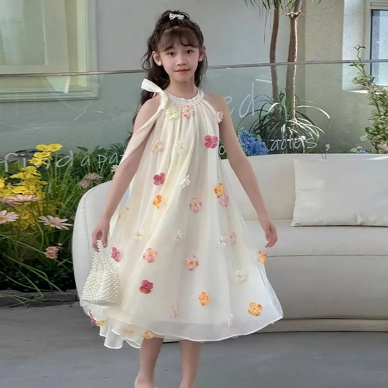 Girls Sweet Dresses Summer Embroidered Sleeveless Hanging Neck Beach Dress Leisure Vacation Dress Kids Clothes 10 Girls Clothes