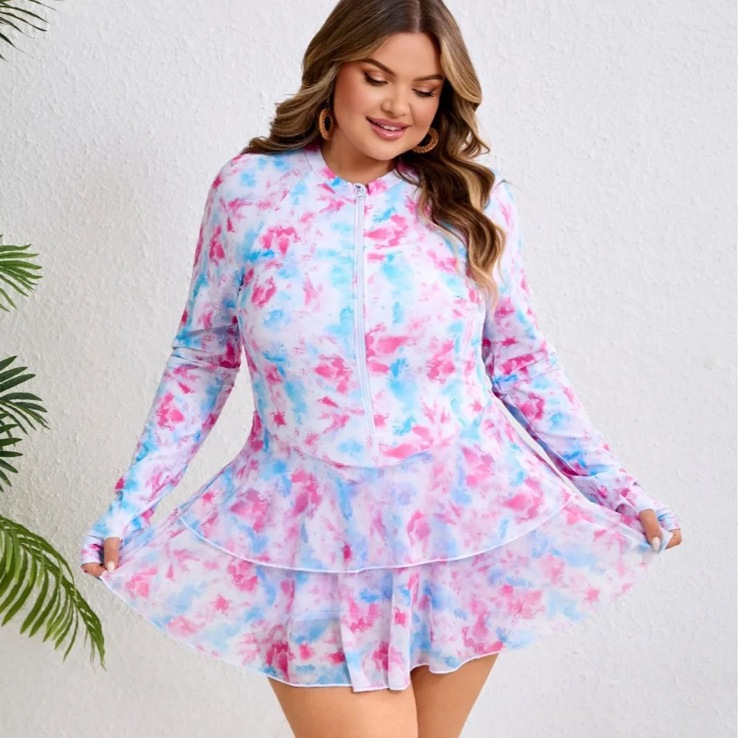 Plus Size Tie Dye Long Sleeve Swim Dress Front Zipper Layered Ruffle Skirt One Piece Swimsuit UPF Sun Protection Bathing Suit