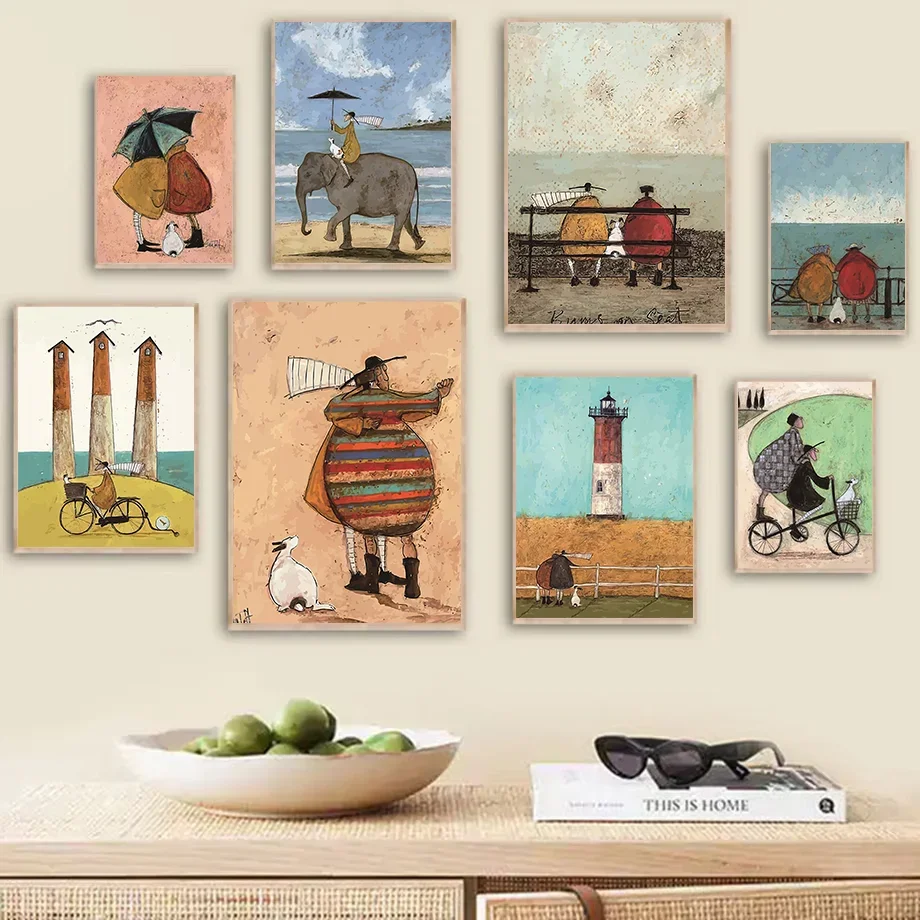 1pc frameless Canvas painting Whimsical Seaside Art Canvas Painting -Vintage textured coastal scene with lighthouse, elephant, b