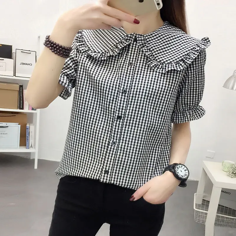 Blouse Women Shirt Summer Black White Short Sleeves Plaid Women Loose Top Ruffled Coat Blusas Mujer De Moda