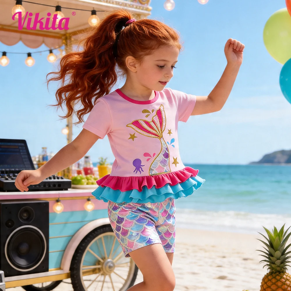 Girls Mermaid Outfit Set Kids Ruffle Short Sleeve Cotton Casual Soft Summer Tops Tees and Polyester Shorts Bottoms 2 Pcs Sets