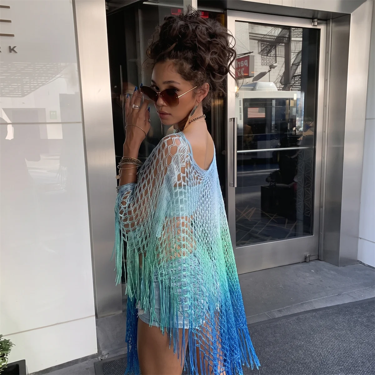 Gradient Fishnet Fringe Shawl Poncho Hollow Sheer Mesh Wrap Cover Up For Women Vacation Rave Festival Outer Cape Scarf view 6