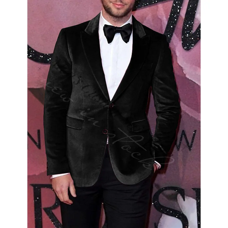 Excellent Pink Mens Suits Velvet Wedding Tuxedos Peaked Lapel Slim Fit Prom Party Suits Popular Man Blazers Suit(Jacket+Pants)