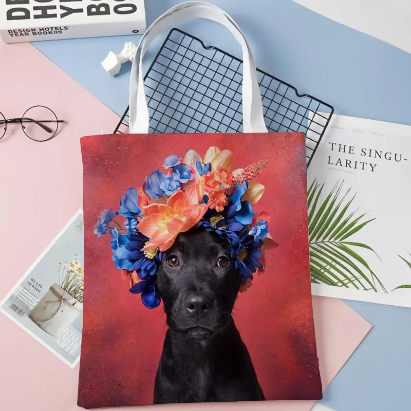 Custom Dogs And Flowers Tote Shopping Bags 30x35cm Tote Bag Reusable Handbag Women Shoulder Cloth Pouch Foldable 11-4