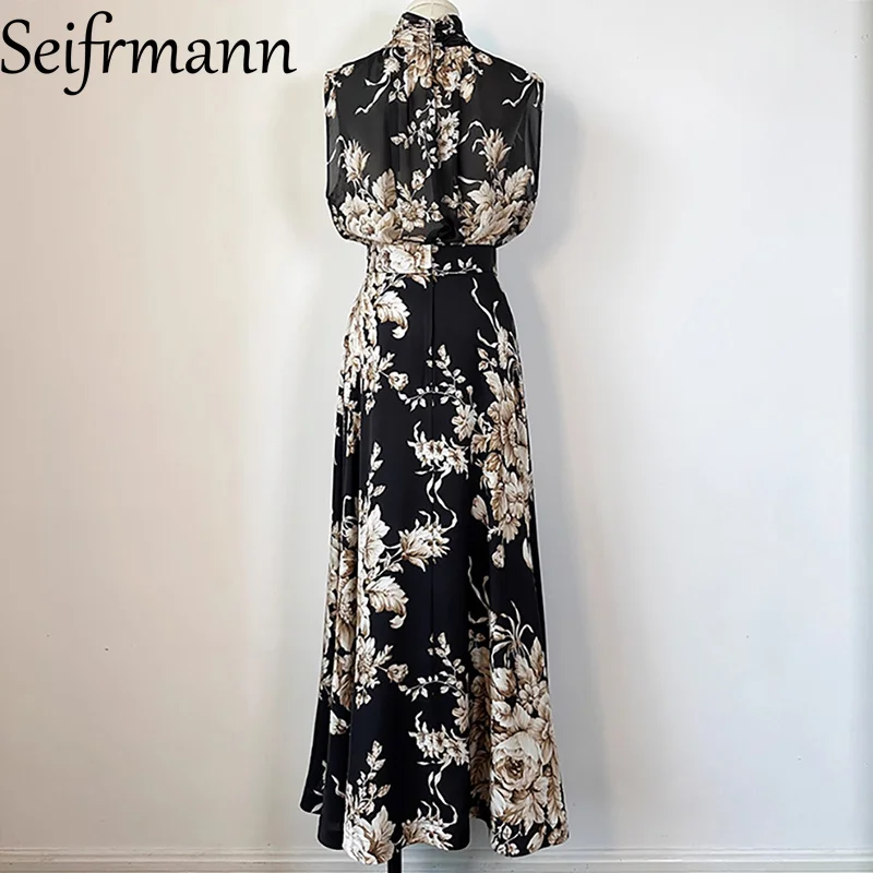Seifrmann conjunto de seda preto perspectiva impressa sem mangas férias praia acampamento conjunto de vestido de moda feminina