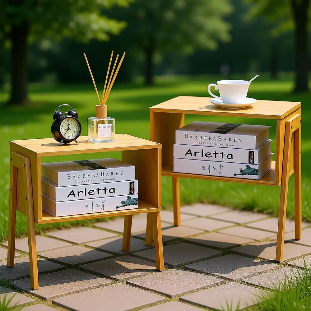 

Stackable Bamboo End Tables, Wooden Living Room Nightstands, Bedroom Side Tables, 2-Piece Set