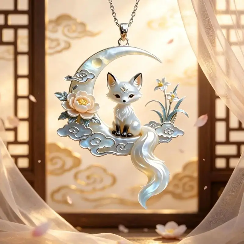 1 Stück Retro Mondfuchs Anhänger Halskette Dünne Kabelkette Eleganter Chinesischer Stil Hanfu Accessoires Schmuck Geschenk – Detail 3