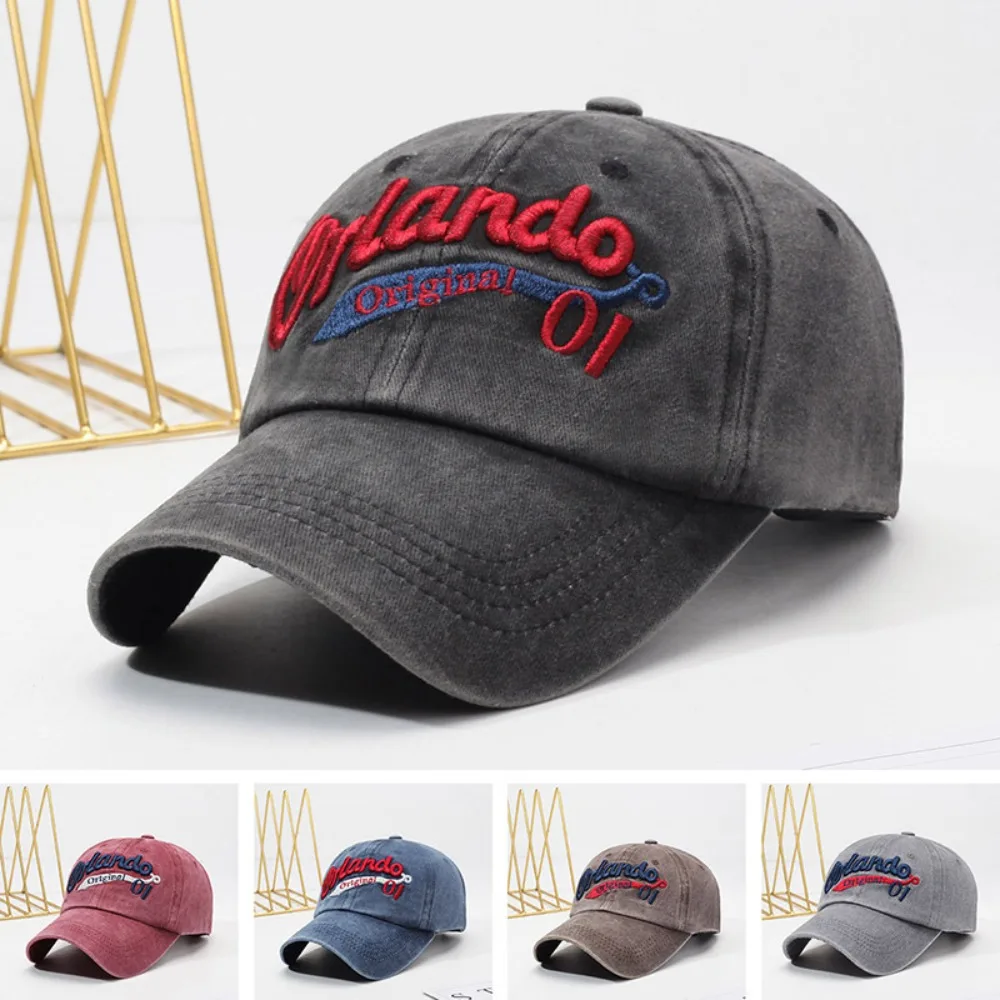 Adjustable Strap Washed Baseball Cap Multi Neutral Tone Curved Brim Letter Embroidery Hat Cotton Sun Protection