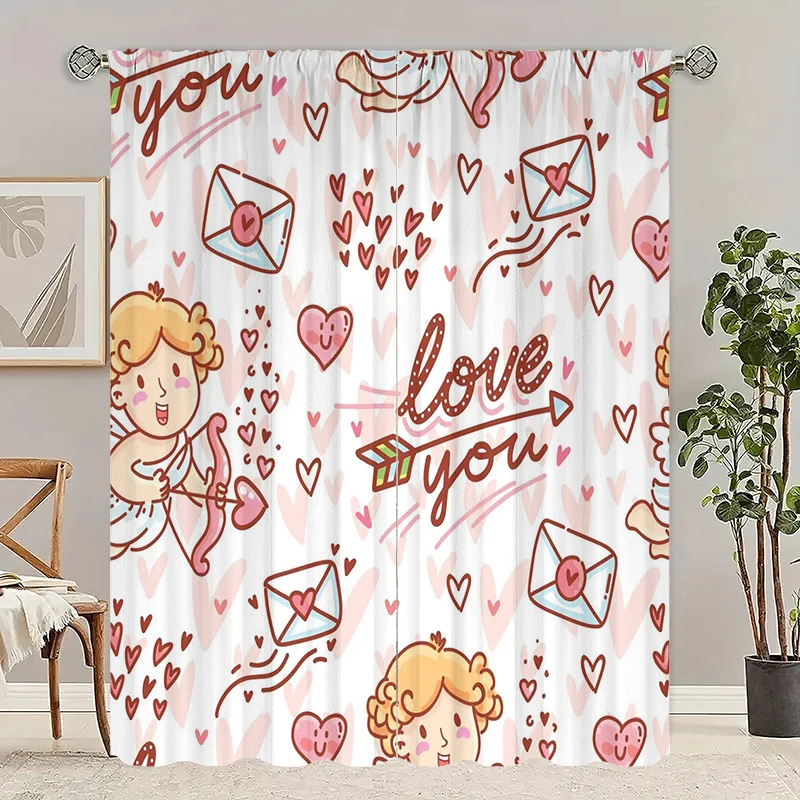 2 pieces - Valentine's Day LOVE- Printed curtain 100% polyester, suitable for home decor (excluding light poles)