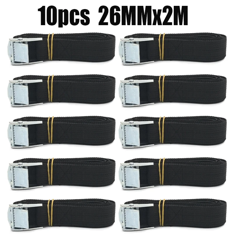 

10pcs Black 2m*26mmTie Down Strap Strong Ratchet Belt Luggage Bag Cargo Lashing With Metal Buckle Heavy Duty Belt Zinc Alloy Buc