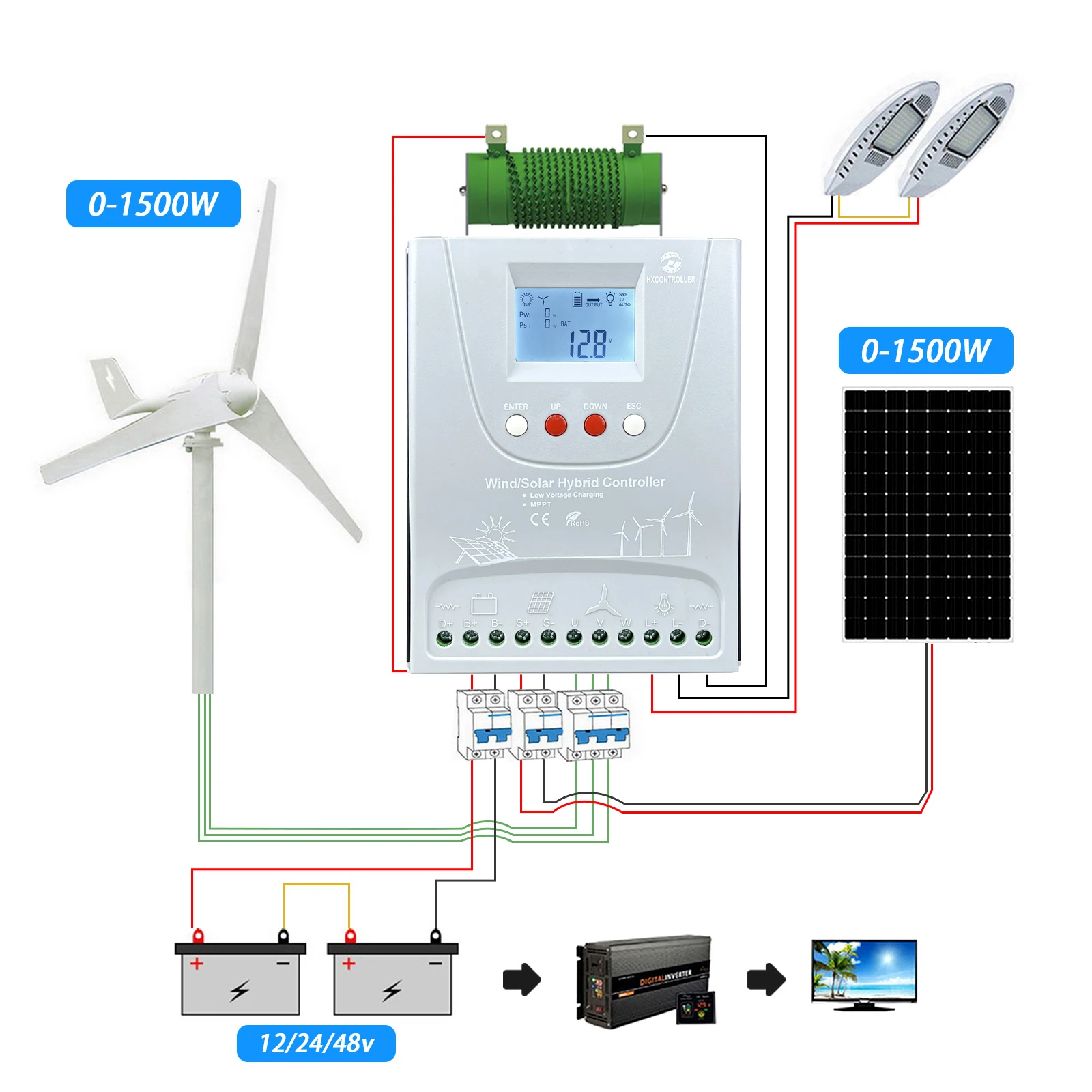 Imagem -06 - Controlador Solar Híbrido Mppt Gerador de Turbina Eólica Regulador Wifi com Display Lcd Bateria Lifepo4 Gel 2000w 12v 24v 48v