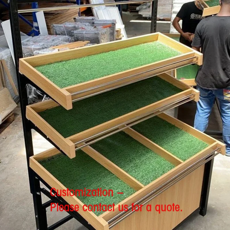 custom.3-Tier Metal Frame LED Produce Display Stand Green Turf Fruit Vegetable Rack Supermarket Retail Fi