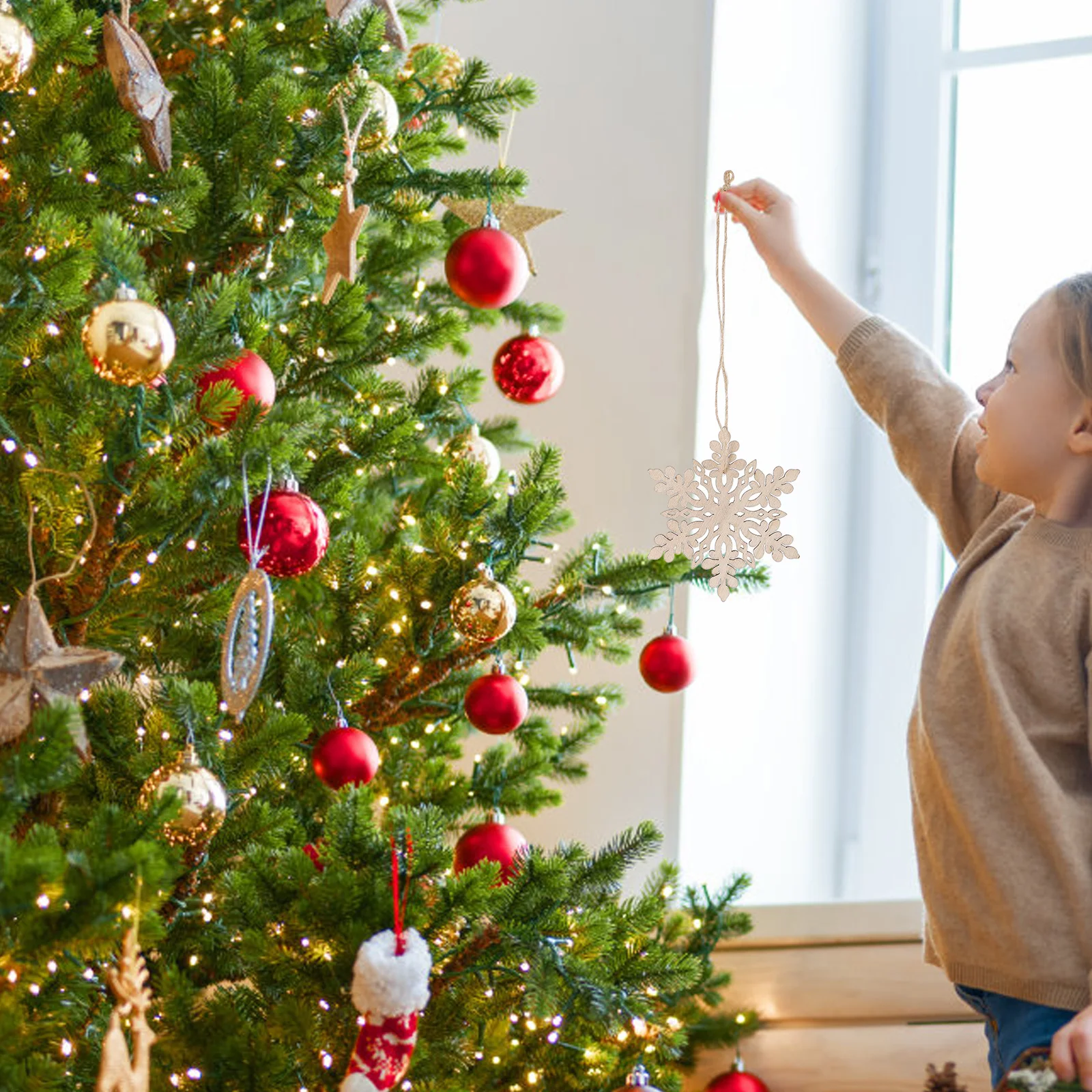 

10pcs Wooden Craft Ornaments Hexagon Snowflake 80Mm Natural Wood Sanded Finish For Christmas Hanging Decor Family Decoration