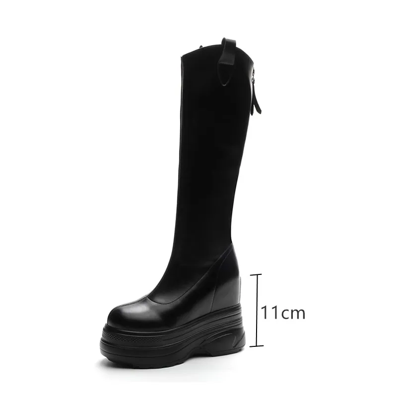 Botas de couro genuíno para mulheres, botas internas de salto alto de 11cm, moda, nova, 2024