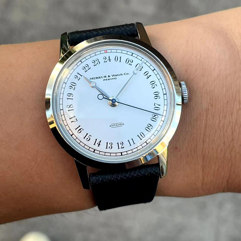 MERKUR ساعة مزدوجة بيضاء 24H حافظة أرق 50 متر ساعة غواص الجلد خمر ساعة ميكانيكية أوتوماتيكية 38 مللي متر Relogio Masculino
