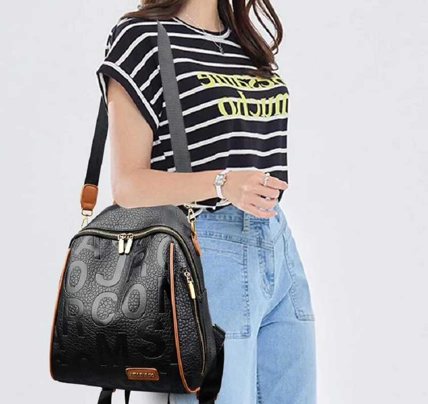 Luxury New Fashion Letter Designer High Quality Leather Travel Backpacks Women's Large Capacity Shoulder Bags School Bag Totes