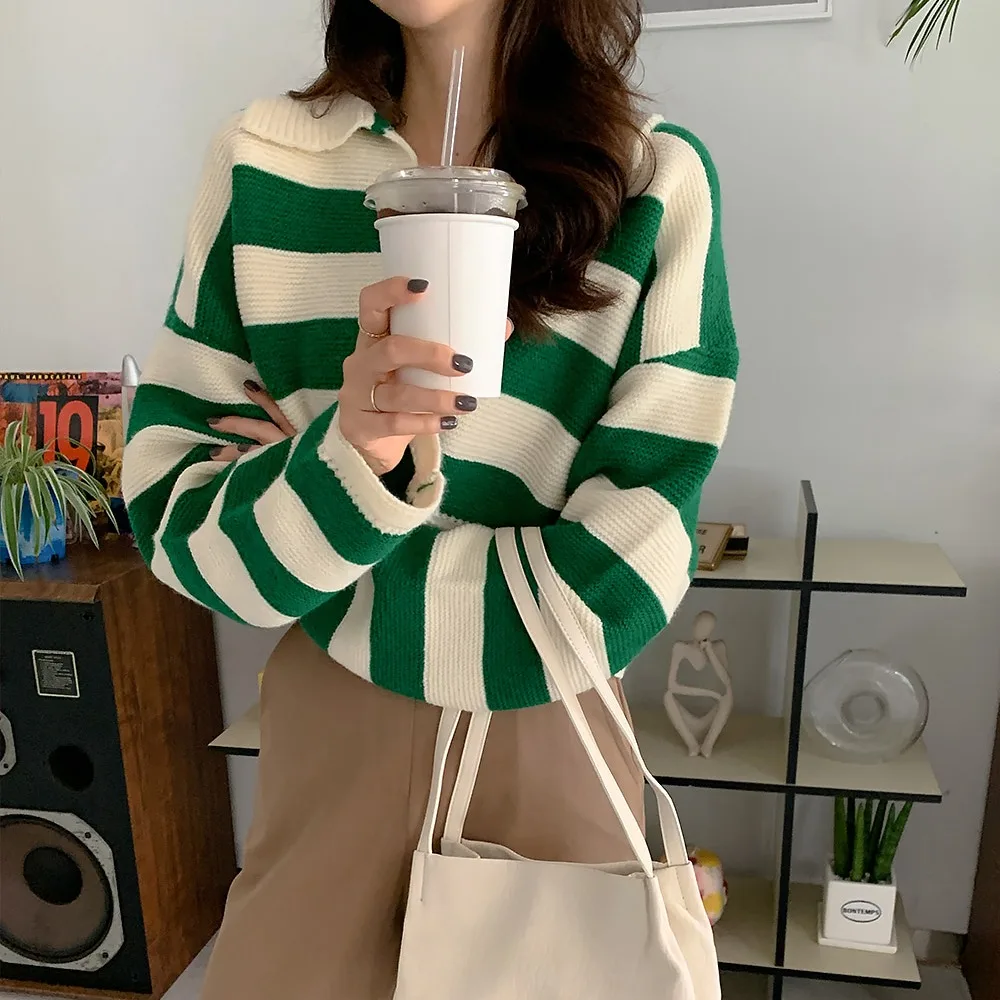 

Шикарный вязаный свитер, женский свободный воротник, цветной топ в полоску, удобная повседневная одежда Faion Fem