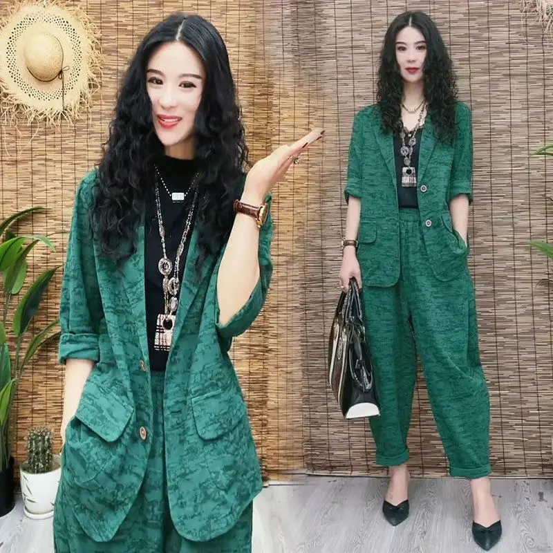 2022 Spring and Summer New Retro Long Sleeved Elegant Women\'s Pants Suit Casual Suit Harlan Trousers Two-piece Suit Holiday