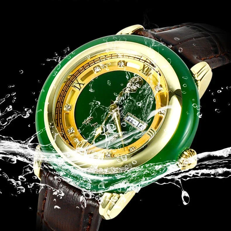 Jade Stone Watch Quartz Wristwatch Clock Male Luxury Gold Green White Gemstone Case Dial Business Men Calendar Vintage Man Reloj