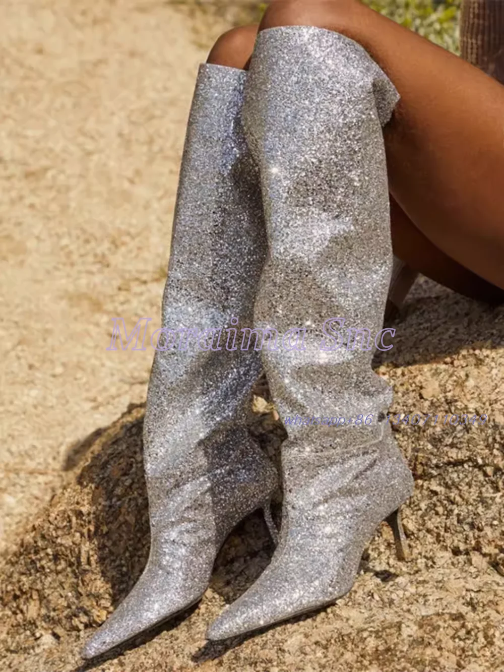 

Sequined Bling Pointed Toe Knee High Boots Stiletto High Heel Pleated Sexy Women's Long Modern Boots Slip On Autumn Winter 2024