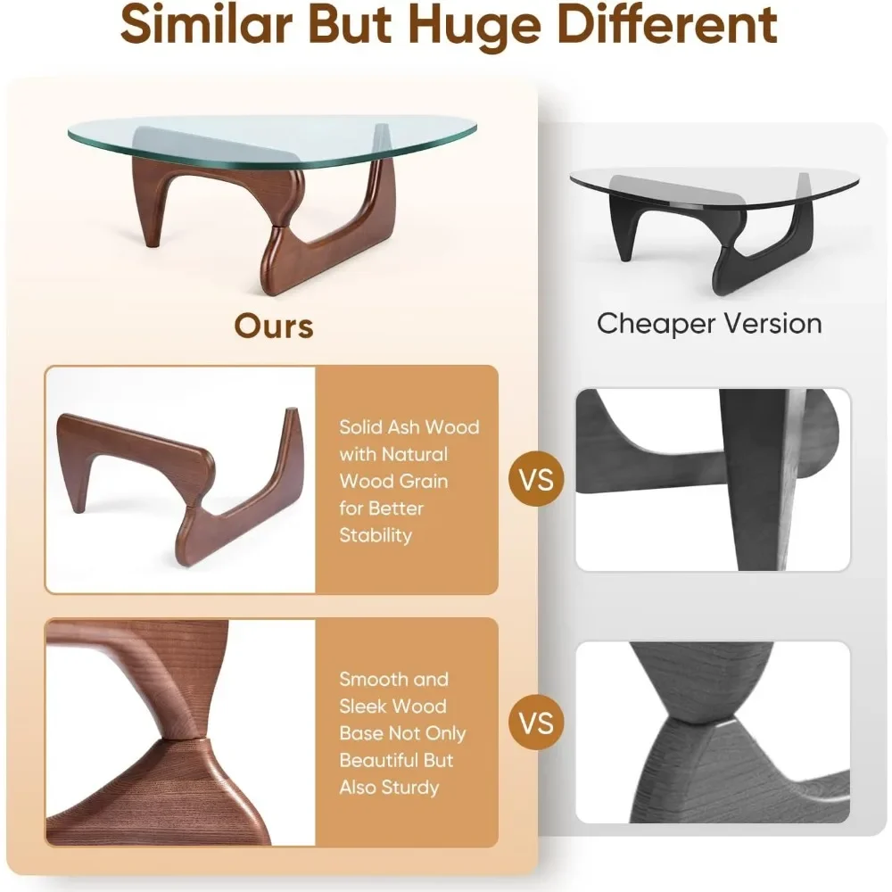 Mesa de centro triangular moderna mesa final vintage Noguchi, base de madeira maciça e detalhes superiores de vidro transparente