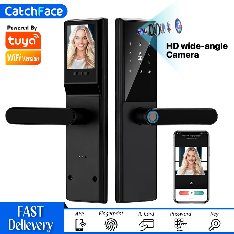 Display Screen Camera Saudi Voice Tuya Smart Door Lock Safe Digital Electronic Lock Fingerprint Password RFID Unlock For Home